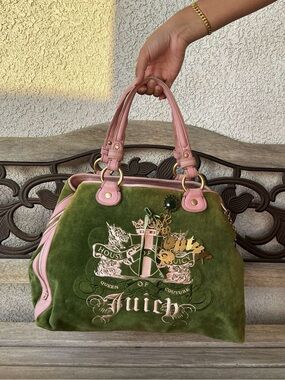 Juicy Couture Green Suede Satchel with Pink Leather Trim